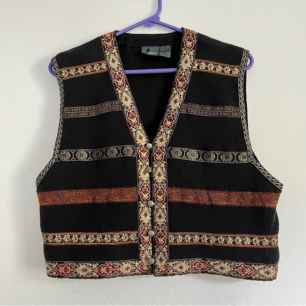 VTG Lizwear Liz Claiborne | Knit Sweater Vest w/metallic ribbons | Black | L